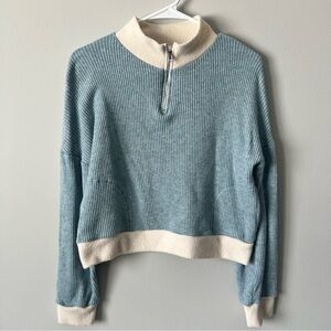 Women’s Blue and Cream Quarter-Zip Sweater, Size Medium, Waffle Sweater